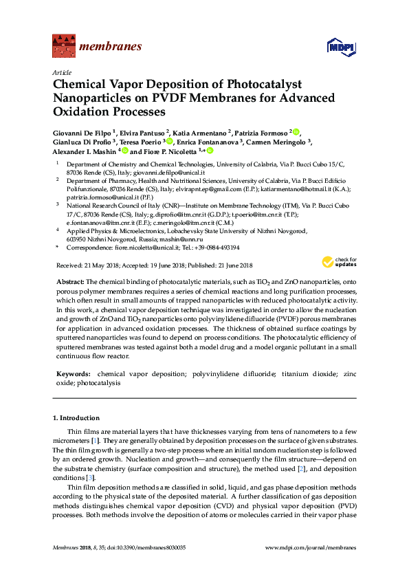 (PDF) Chemical Vapor Deposition of Photocatalyst Nanoparticles on PVDF Membranes for Advanced