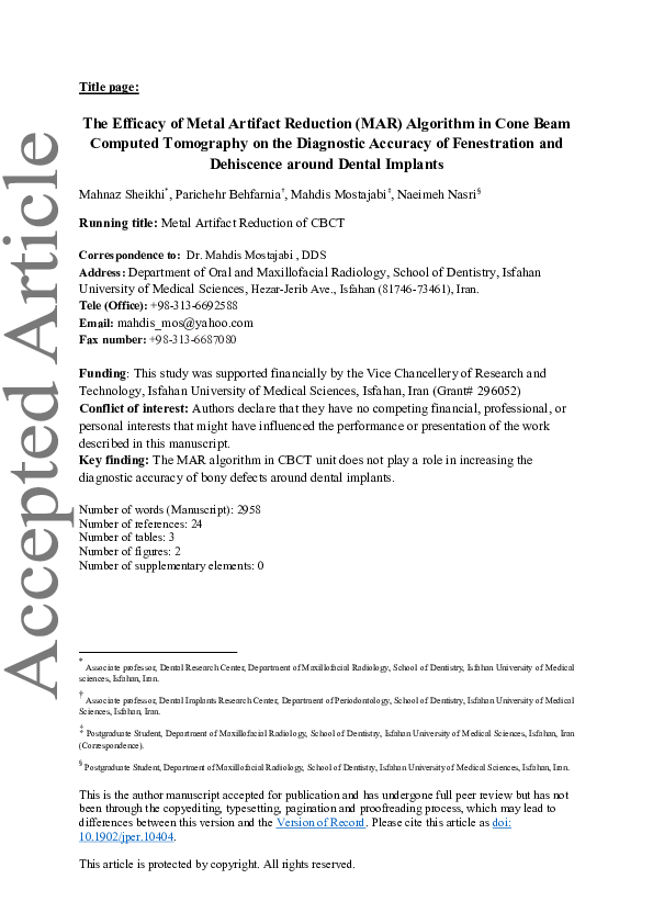 (PDF) The Efficacy of Metal Artifact Reduction (MAR) Algorithm in Cone ...