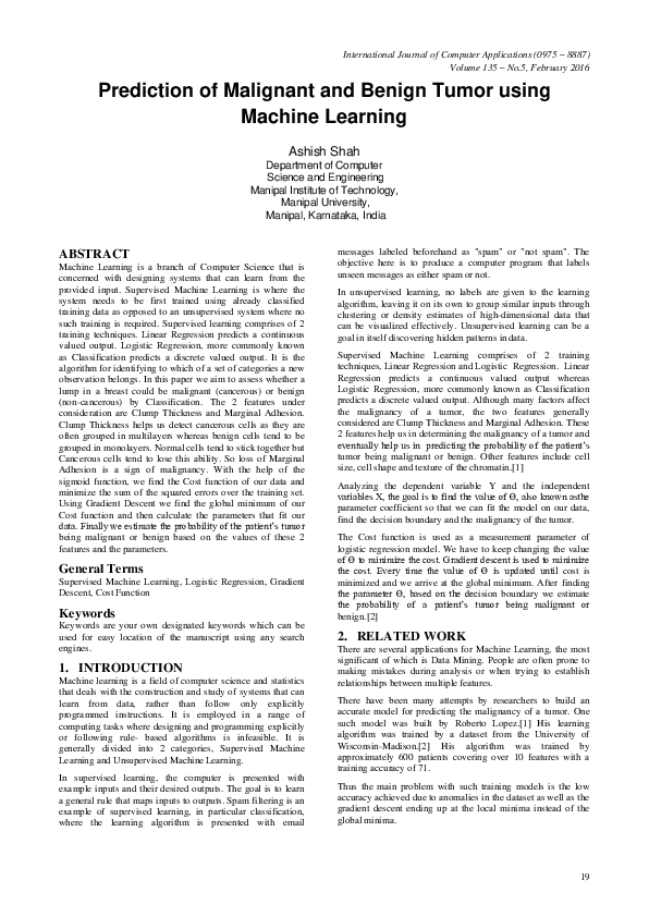 (PDF) Prediction of Malignant and Benign Tumor using Machine Learning