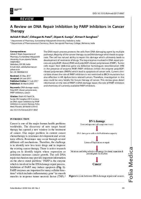 (PDF) A Review on DNA Repair Inhibition by PARP Inhibitors in Cancer ...