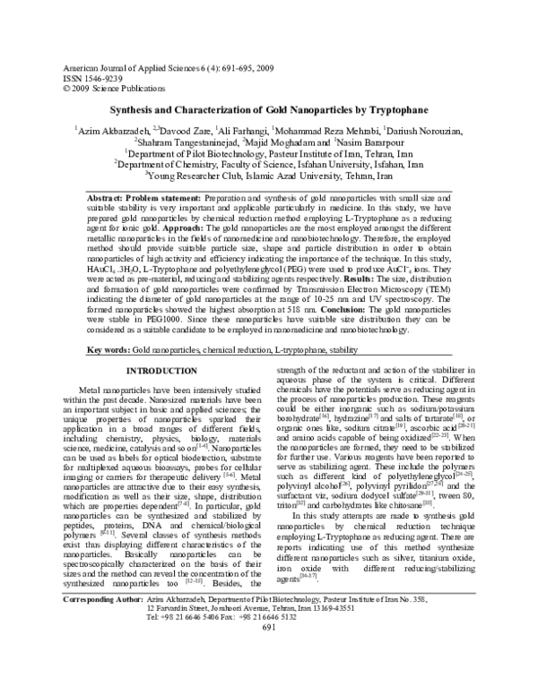 (PDF) Synthesis and Characterization of Gold Nanoparticles by Tryptophane