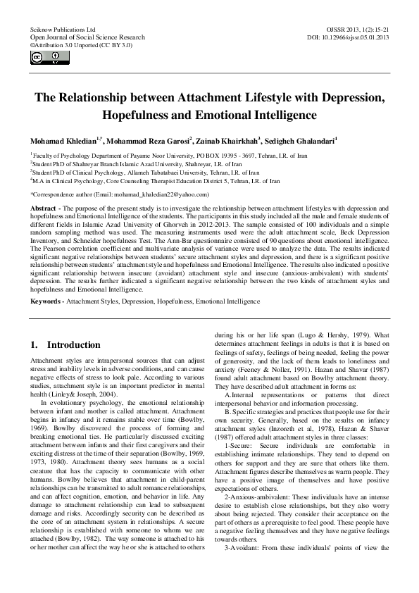 (PDF) The Relationship between Attachment Lifestyle with Depression and ...