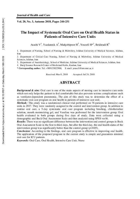 (PDF) The Impact of Systematic Oral Care on Oral Health Status in ...