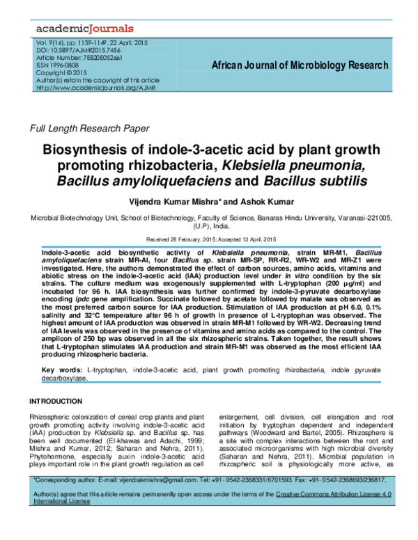 (PDF) Biosynthesis of indole-3-acetic acid by plant growth promoting ...