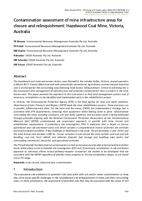(PDF) Contamination assessment of mine infrastructure areas for closure ...