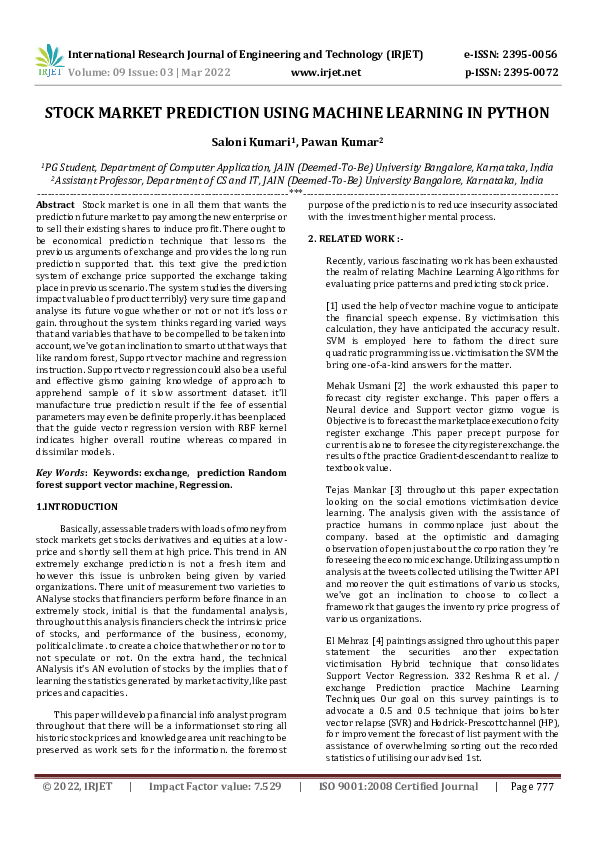 (PDF) STOCK MARKET PREDICTION USING MACHINE LEARNING IN PYTHON
