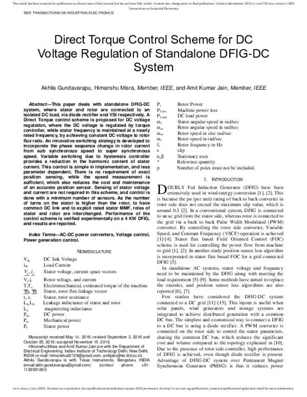 (PDF) Direct Torque Control Scheme for DC Voltage Regulation of the ...