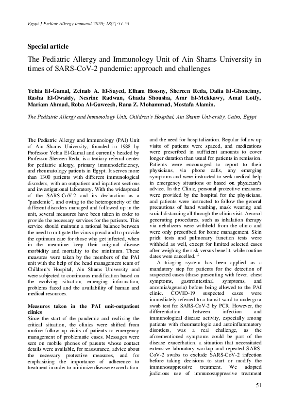 (PDF) The Pediatric Allergy and Immunology Unit of Ain Shams University