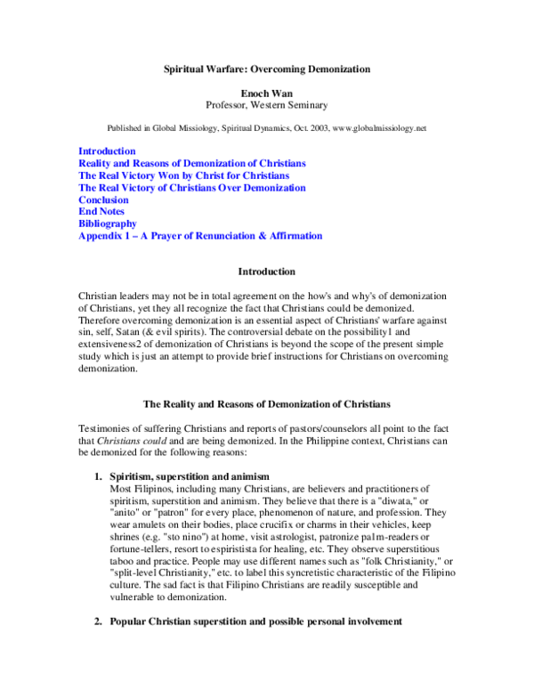 (PDF) Spiritual Warfare: Overcoming Demonization