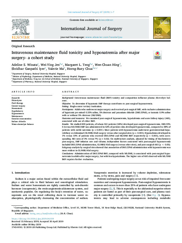 (PDF) Intravenous maintenance fluid tonicity and hyponatremia after