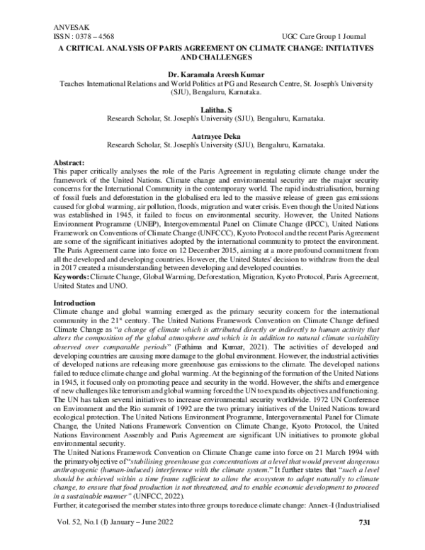 (PDF) A CRITICAL ANALYSIS OF PARIS AGREEMENT ON CLIMATE CHANGE ...