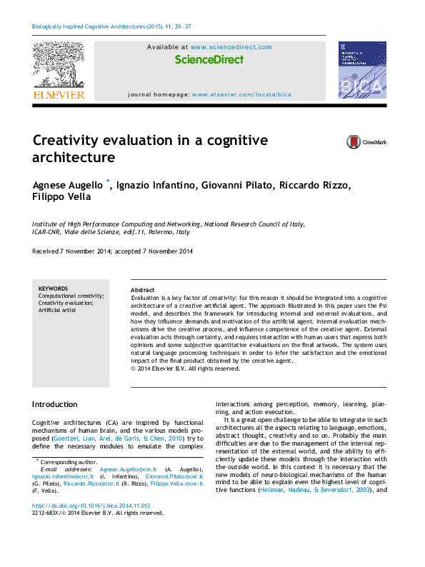 (PDF) Creativity evaluation in a cognitive architecture