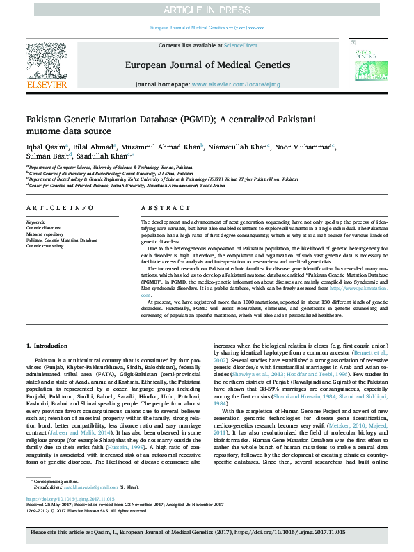 (PDF) Pakistan Genetic Mutation Database (PGMD); A centralized ...