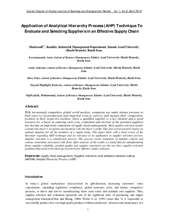 (PDF) Application of Analytical Hierarchy Process (AHP) Technique to ...