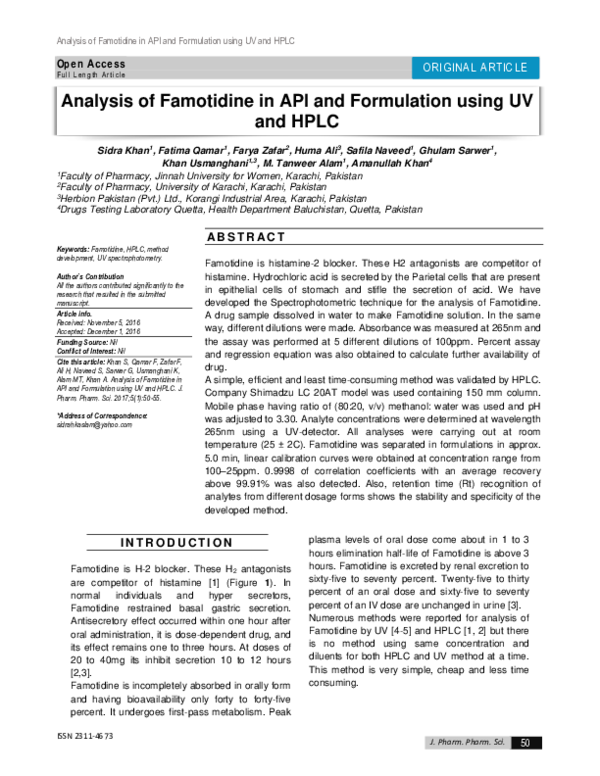 (PDF) Analysis of Famotidine in API and Formulation using UV and HPLC