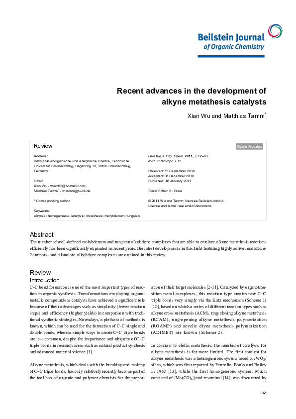 (PDF) Recent advances in the development of alkyne metathesis catalysts