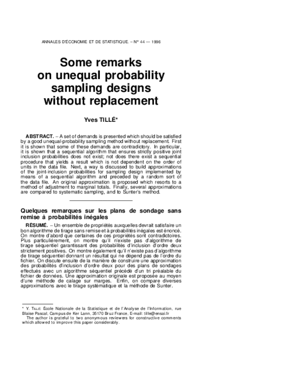 (PDF) Some Remarks on Unequal Probability Sampling Designs without ...