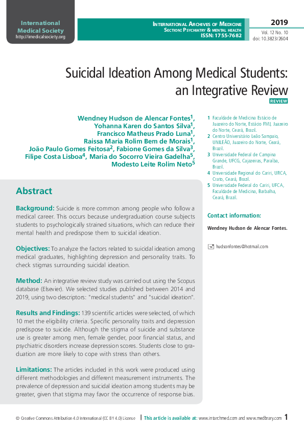 (PDF) Suicidal Ideation among Medical Students: An Integrative Review