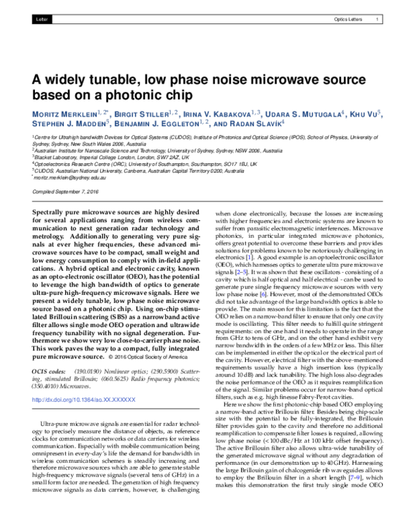 (PDF) Widely tunable, low phase noise microwave source based on a ...