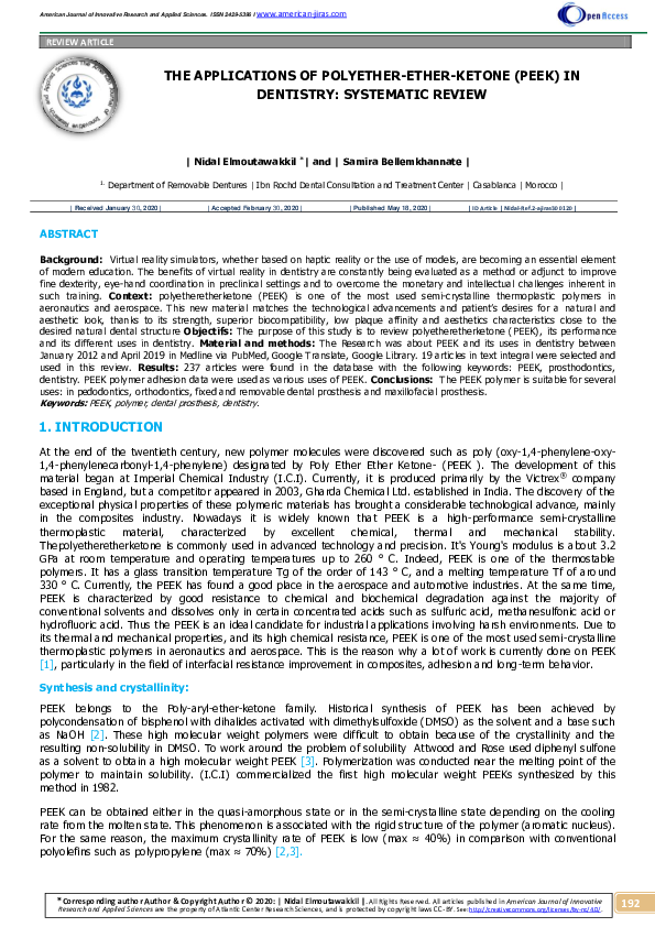 (PDF) The Applications of Polyether-Ether-Ketone ( Peek ) in Dentistry ...