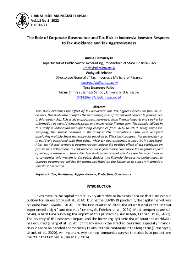 (PDF) The Role Of Corporate Governance And Tax Risk In Indonesia ...
