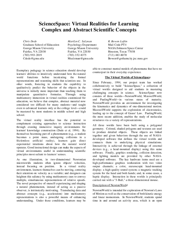 (PDF) ScienceSpace: virtual realities for learning complex and abstract ...
