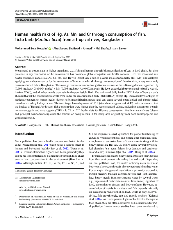 (PDF) Human health risks of Hg, As, Mn, and Cr through consumption of ...