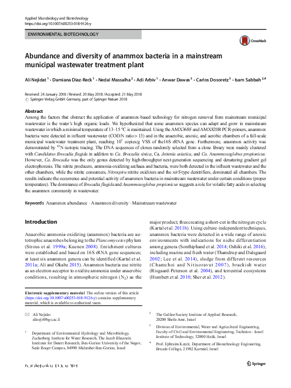 (PDF) Abundance and diversity of anammox bacteria in a mainstream municipal wastewater treatment
