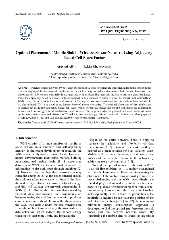 (PDF) Optimal Placement of Mobile Sink in Wireless Sensor Network Using ...