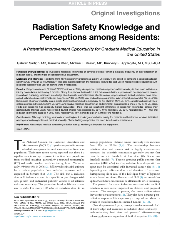 (PDF) Radiation Safety Knowledge and Perceptions among Residents