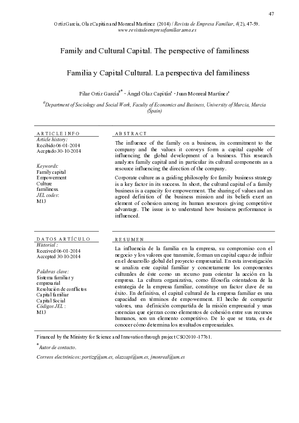(PDF) Family and Cultural Capital. The perspective of familiness