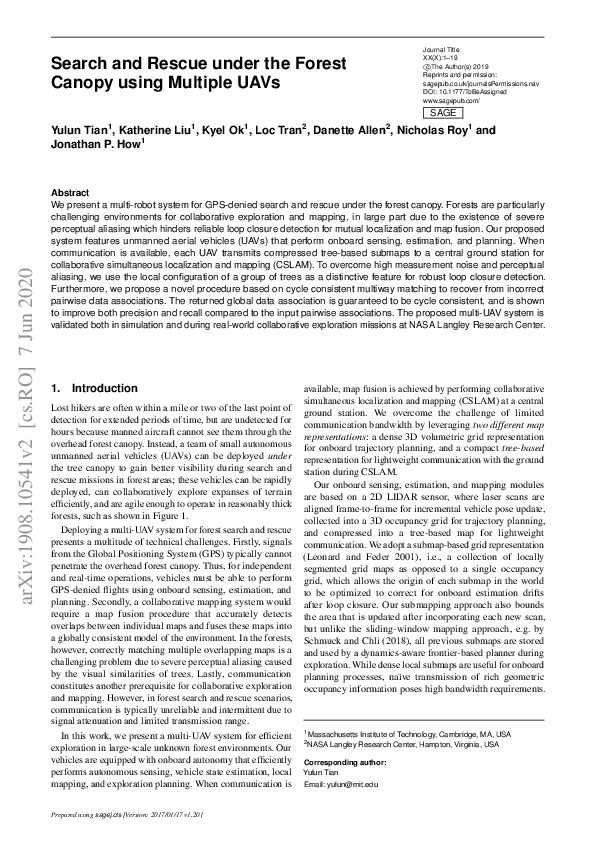 (PDF) Search and rescue under the forest canopy using multiple UAVs