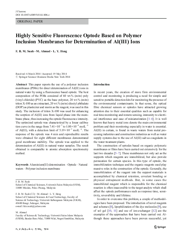 (PDF) Highly Sensitive Fluorescence Optode Based on Polymer Inclusion ...
