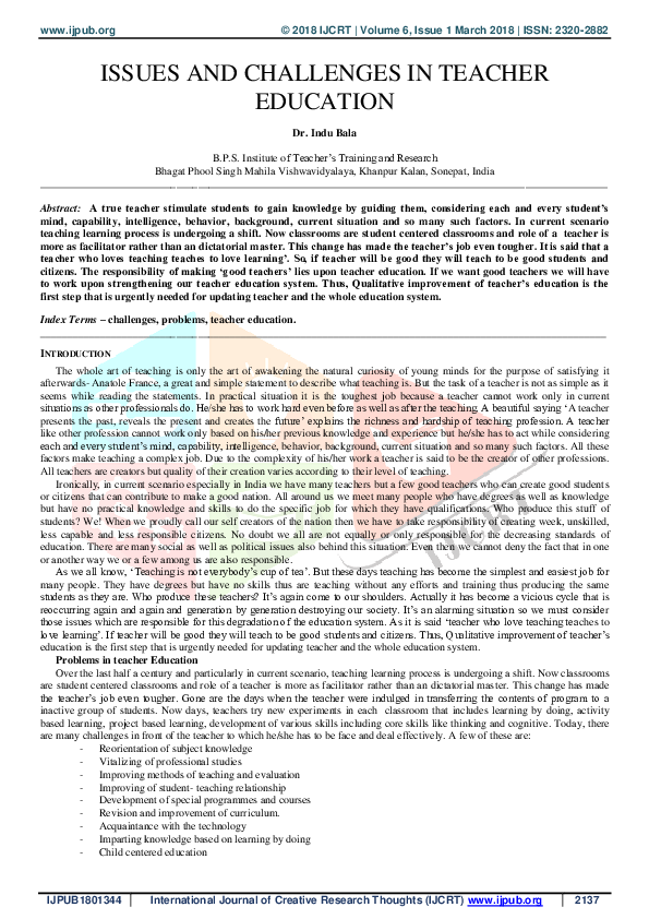 (PDF) ISSUES AND CHALLENGES IN TEACHER EDUCATION