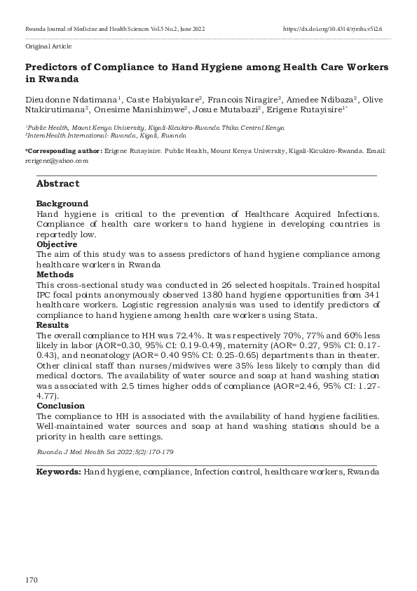 (PDF) Predictors of Compliance to Hand Hygiene among Health Care ...