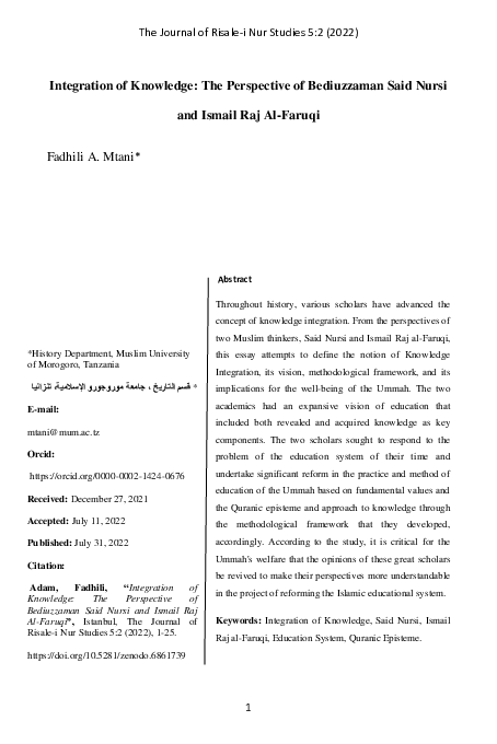 (PDF) Integration of Knowledge: The Perspective of Bediuzzaman Said ...