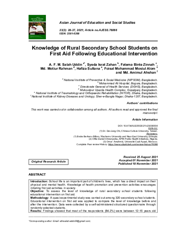 (PDF) Knowledge of Rural Secondary School Students on First Aid ...