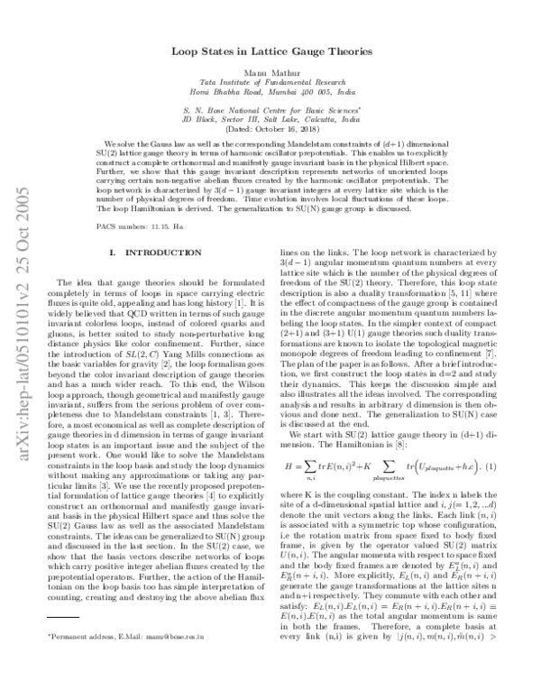 (PDF) Loop states in lattice gauge theory | manu mathur - Academia.edu