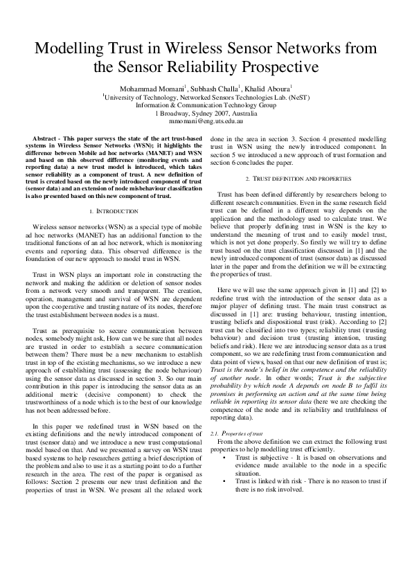 (PDF) Modelling Trust in Wireless Sensor Networks from the Sensor ...