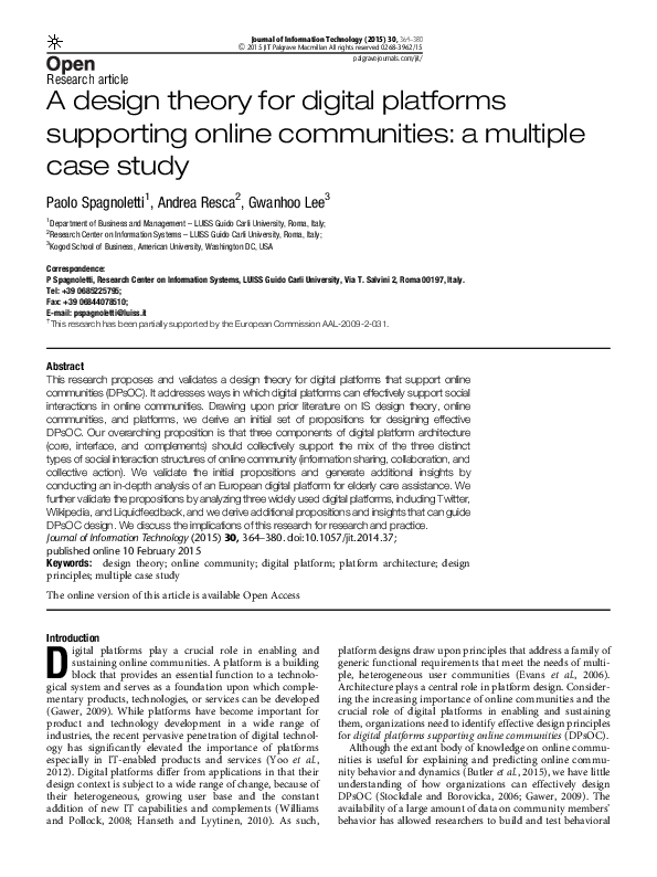 (PDF) A Design Theory for Digital Platforms Supporting Online ...