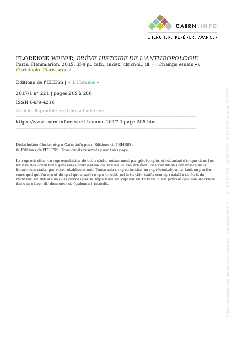 (PDF) Compte Rendu De Lecture F Weber Breve Histoire De L Anthropologie