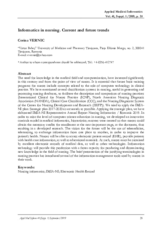 (PDF) Informatics in nursing. Current and future trends