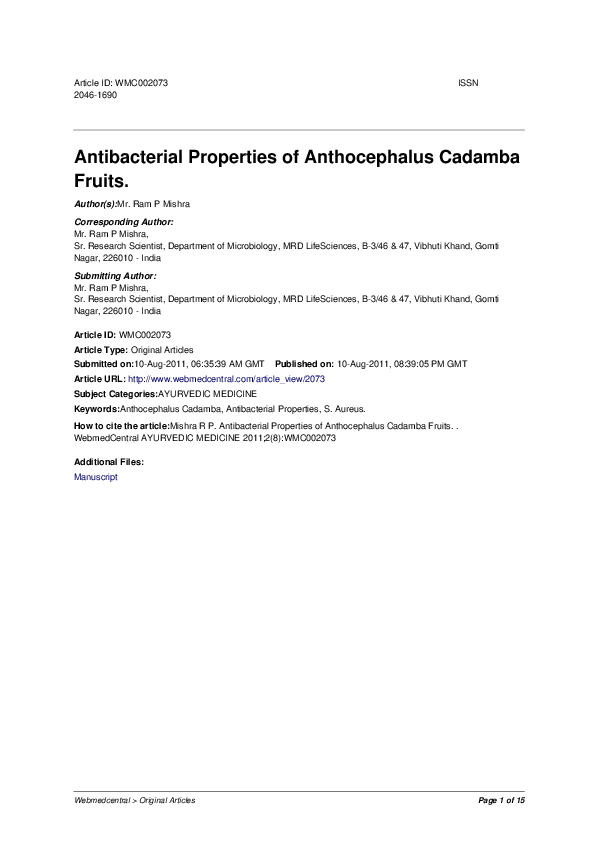 (PDF) Antibacterial Properties of Anthocephalus Cadamba Fruits