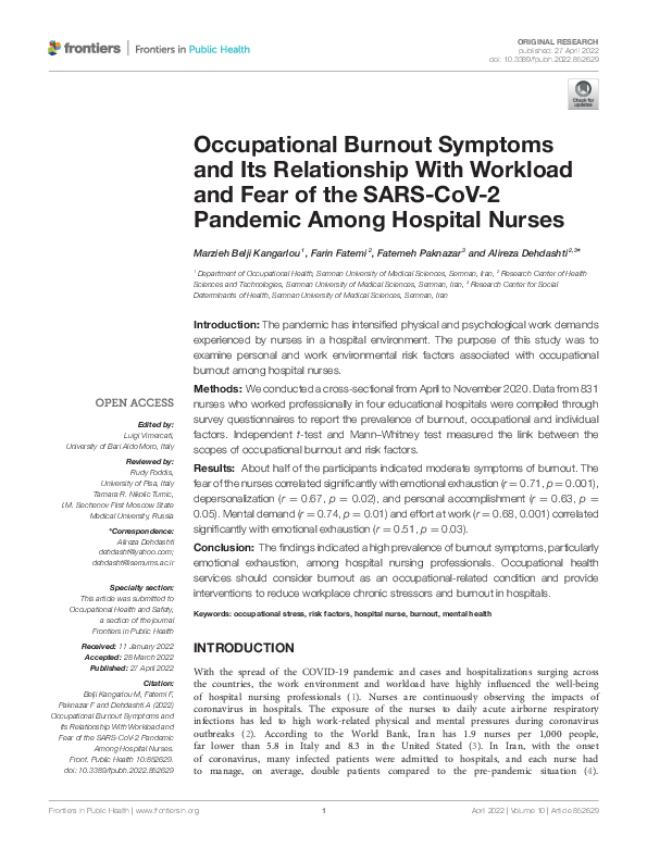 (PDF) Occupational Burnout Symptoms and Its Relationship With Workload ...