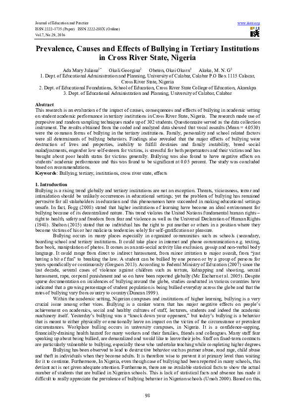 (PDF) Prevalence, Causes and Effects of Bullying in Tertiary ...