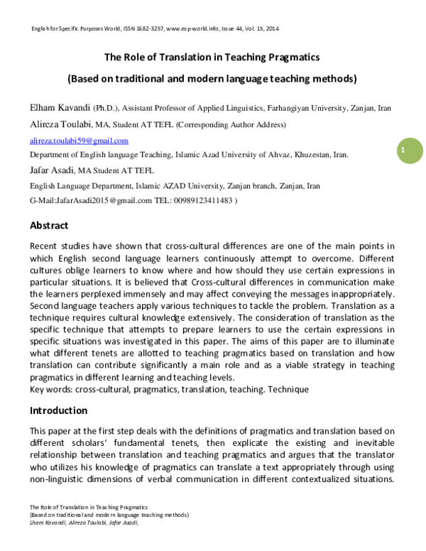 (PDF) The Role of Translation in Teaching Pragmatics (Based on ...