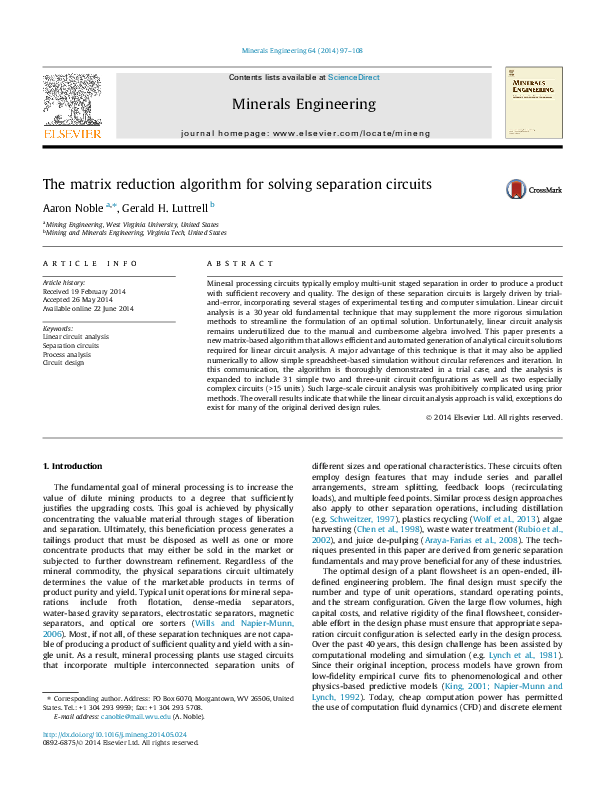 (PDF) The matrix reduction algorithm for solving separation circuits