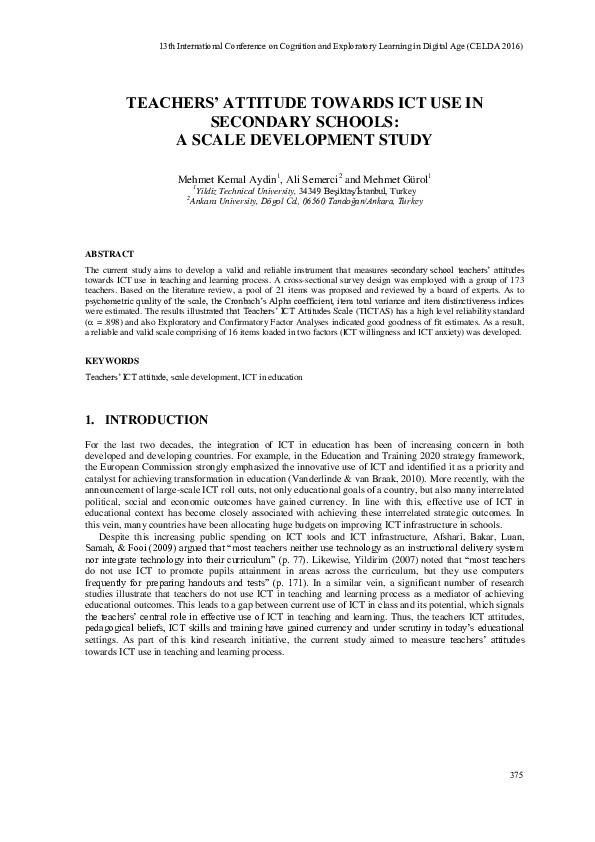 (PDF) Teachers' Attitude towards ICT Use in Secondary Schools: A Scale ...
