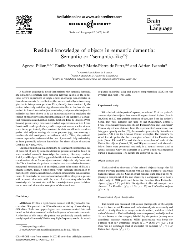 (PDF) Residual knowledge of objects in semantic dementia: Semantic or ...