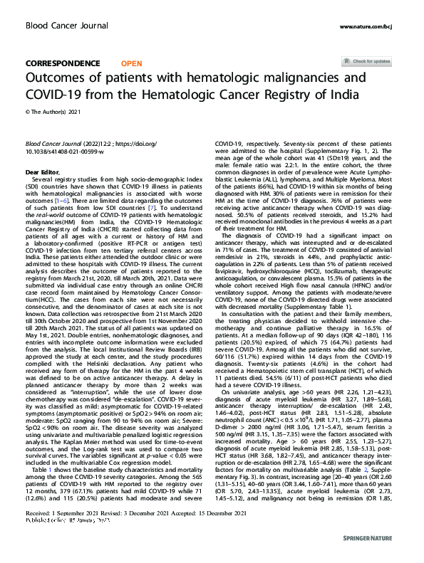 (PDF) Outcomes of patients with hematologic malignancies and COVID-19 ...
